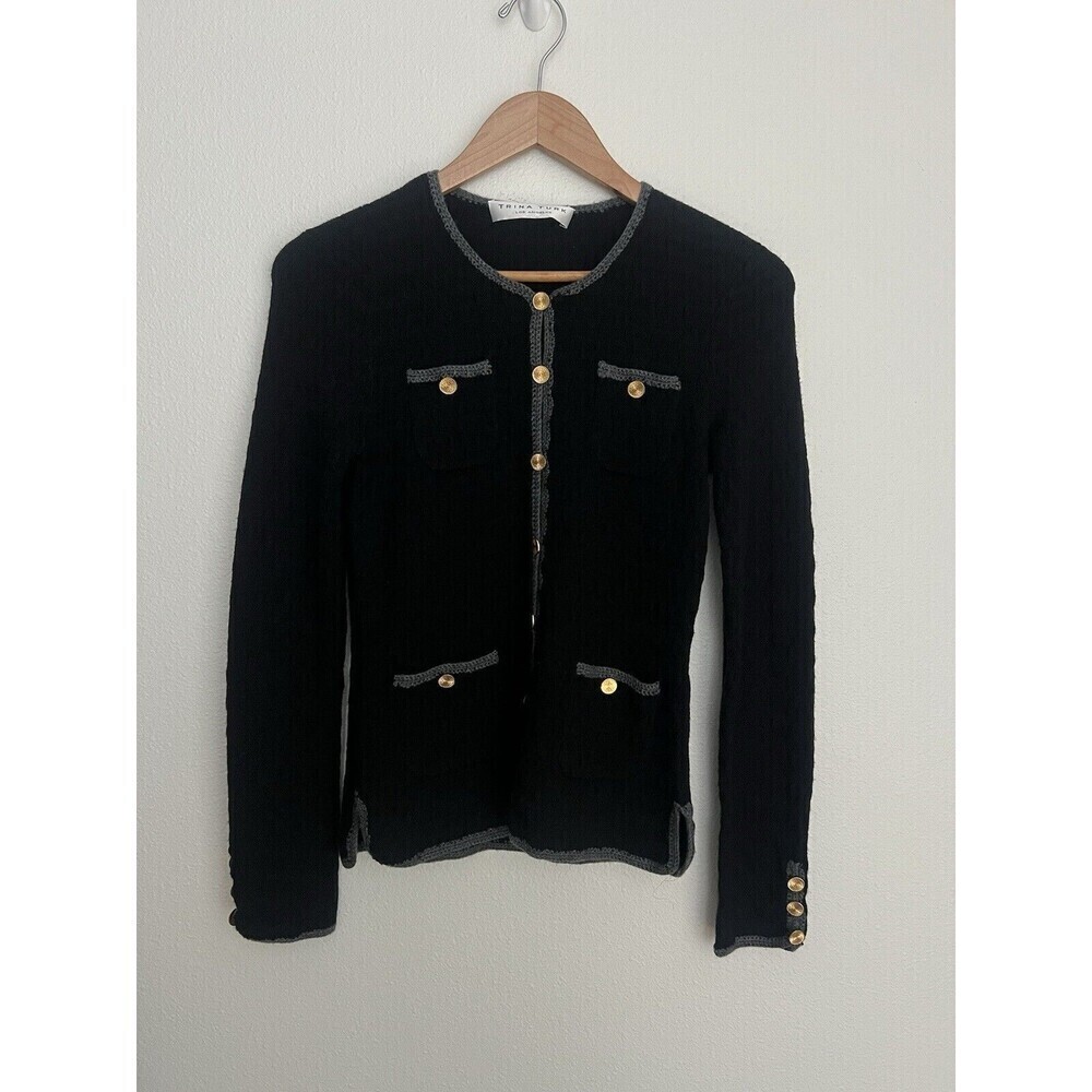 Trina Turk 4 Pocket Crochet Trim Black Wool Cardigan Sweater Gold Buttons Preppy